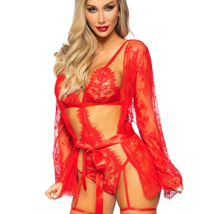 All Romance Lace Teddy & Robe Set- red, front view