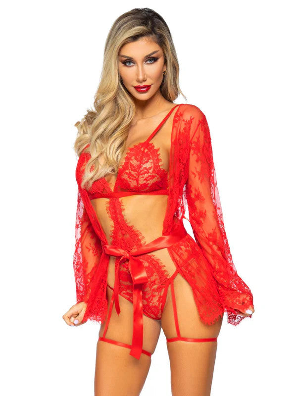 All Romance Lace Teddy & Robe Set- red, front view