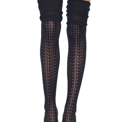 Serena Pointelle Knee Scrunch Socks- black, front view