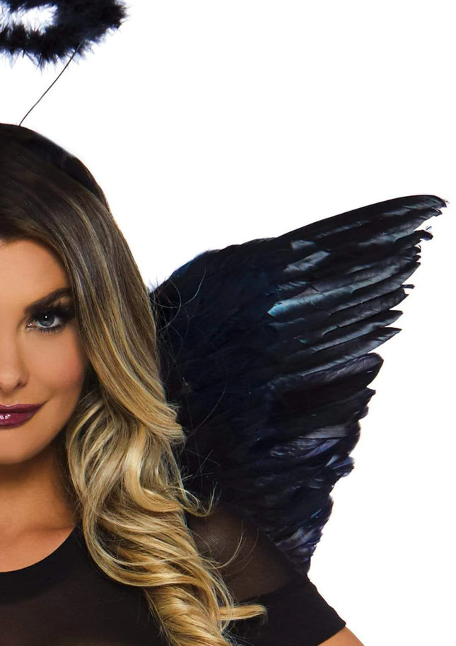 Feather Angel Wings & Halo Kit- black, front view, close up