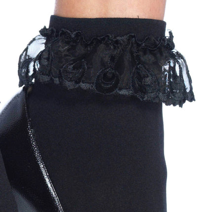 Diem Lace Ruffle Anklet Socks- black, up close