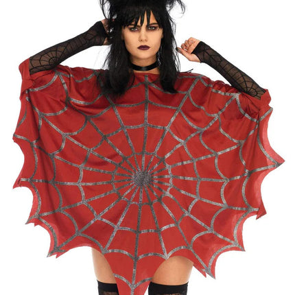 Gothic Glitter Spider Web Poncho- red, front view