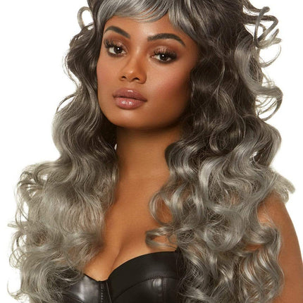 24" Long Curly Ponytail Wigs- grey, front view
