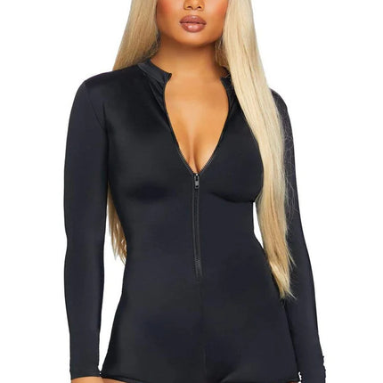 Zipper Front Long Sleeved Matte Romper- front view