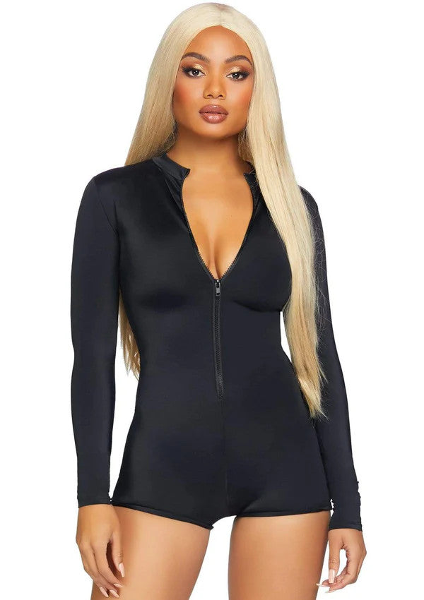 Zipper Front Long Sleeved Matte Romper- front view