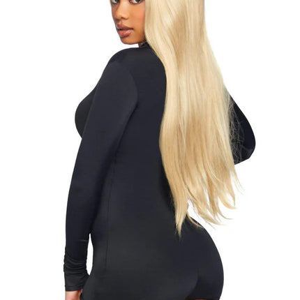 Zipper Front Long Sleeved Matte Romper- back view