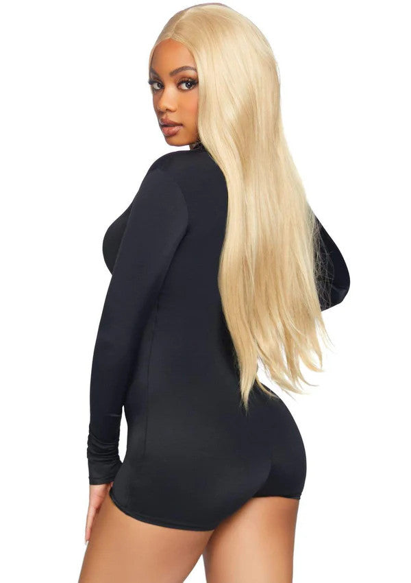 Zipper Front Long Sleeved Matte Romper- back view