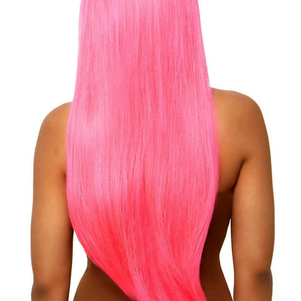 33" Long Straight Wig- neon pink, back view