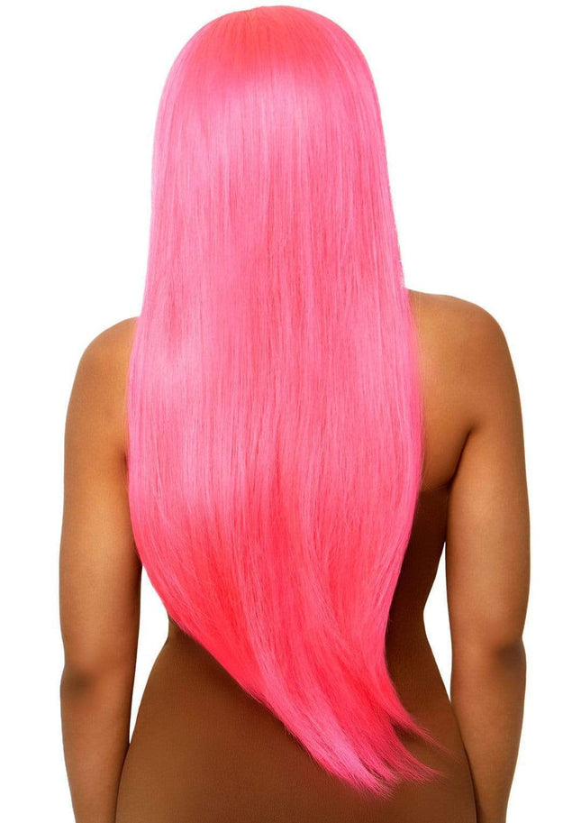 33" Long Straight Wig- neon pink, back view