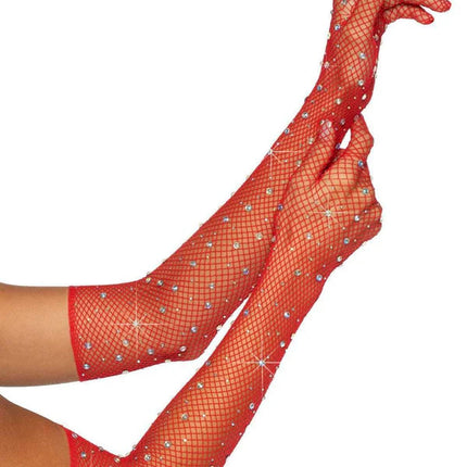 Bling Ring Rhinestone Fishnet Gloves- red