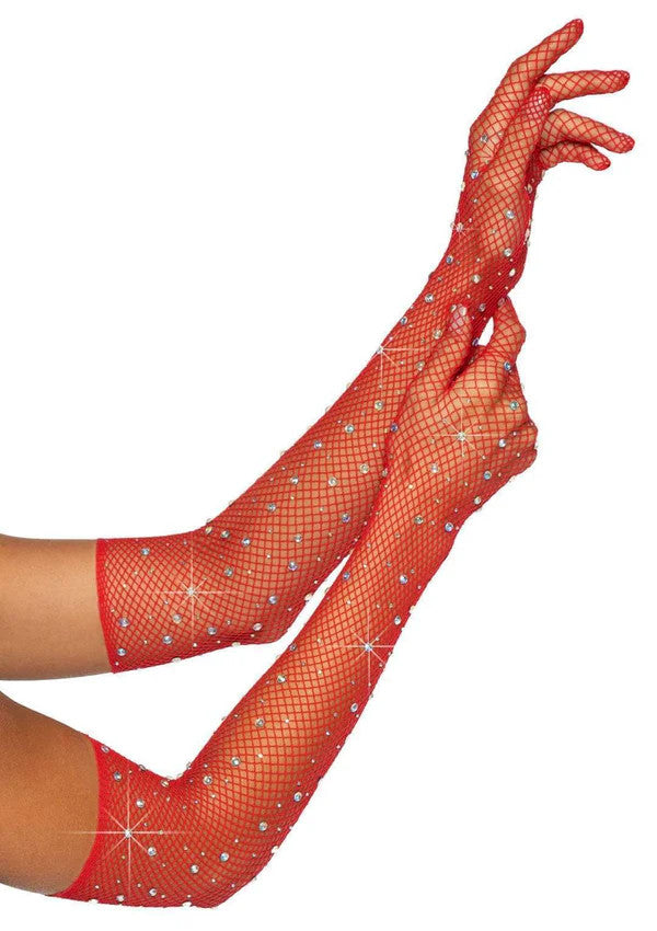 Bling Ring Rhinestone Fishnet Gloves- red