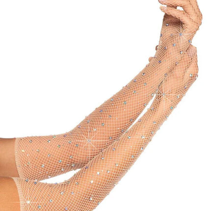Bling Ring Rhinestone Fishnet Gloves- nude