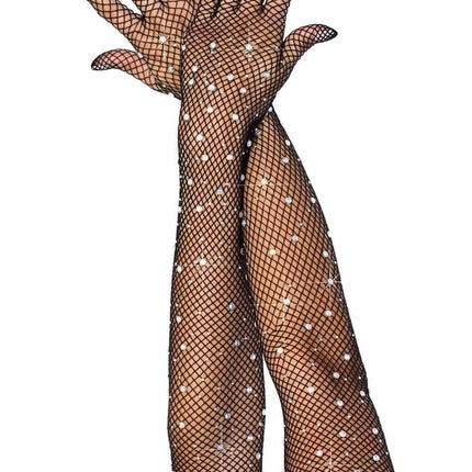Bling Ring Rhinestone Fishnet Gloves- black