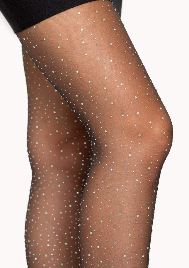 Petra Sheer Rhinestone Pantyhose- black, close up