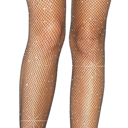 Casey Rhinestone Fishnet Suspender Pantyhose- black, up close