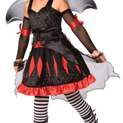 Detailed dress with faux corset, wings, sleevettes, choker, and tights. 