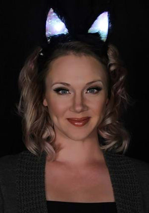 Light-Up Black Cat LumenEars Headband- owrn by female model glowing