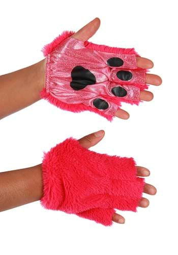 Magenta Anime Cat Fingerless Paw Gloves- worn by model up close