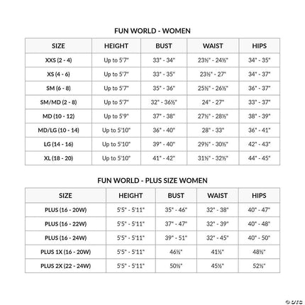 Pirate's Pleasure Costume- size chart