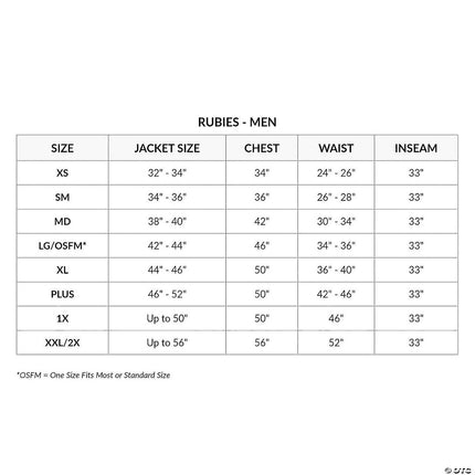 Beetlejuice Deluxe Costume- size chart