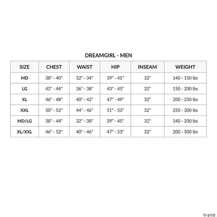 Men's Gangsta Costume- size chart