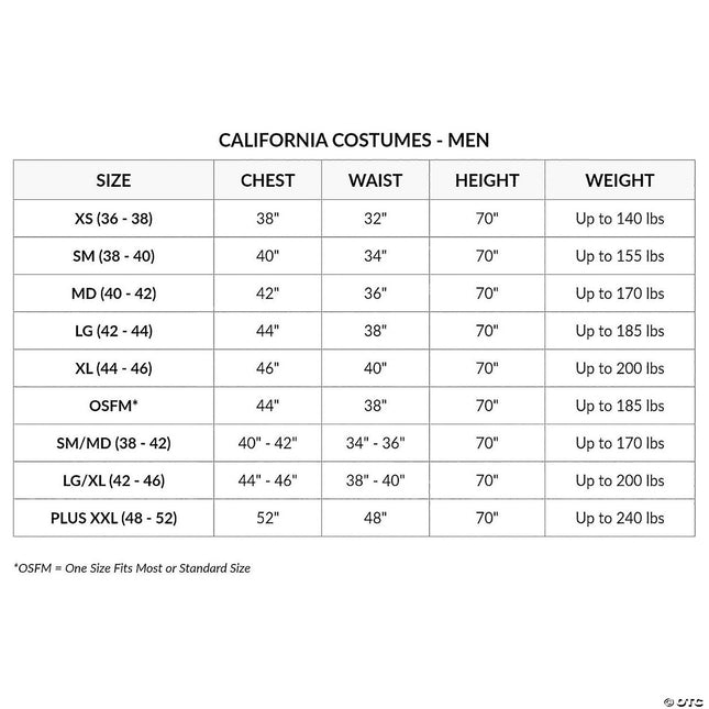 Men's Gangster Costume- size chart