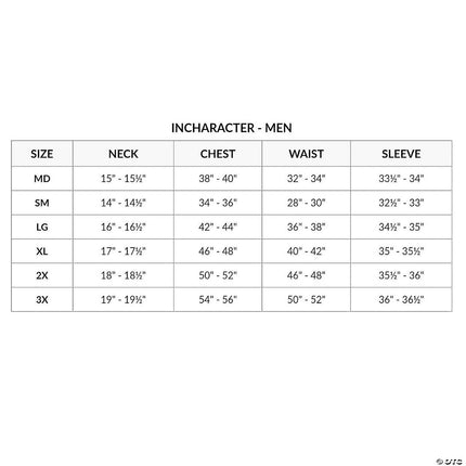 Men's Noble Knight Costume- size chart