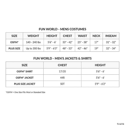 Rabbi Costume- size chart