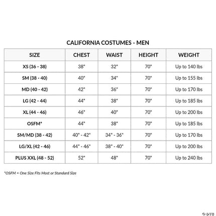 Spartan Warrior Costume- size chart
