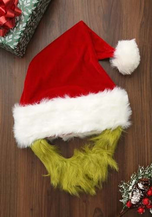 Dr. Seuss The Grinch Plush Hat with Beard- displayed on wood floor