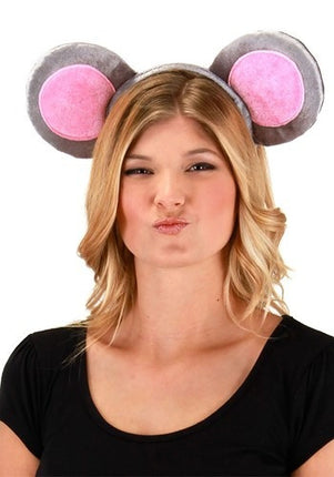 Gray Mouse Ears Headband & Tail Kit- worn by adult model close up