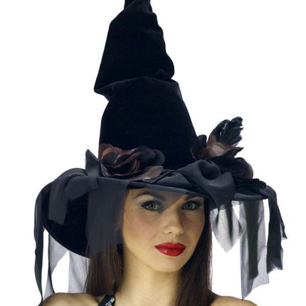 Adults Deluxe Black Velour Witch Hat with Rose & Veil