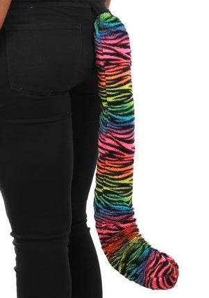 Neon Rainbow Tiger Plush Tail- worn by model up close