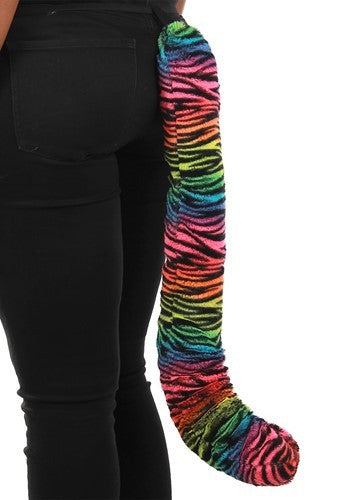 Neon Rainbow Tiger Plush Tail- worn by model up close