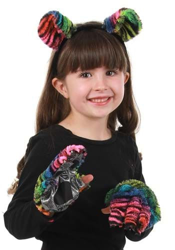 Neon Rainbow Tiger Ears Headband- worn by child model with matching gloves
