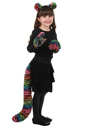 Neon Rainbow Tiger Fingerless Paw Gloves- worn by child model with other accessories