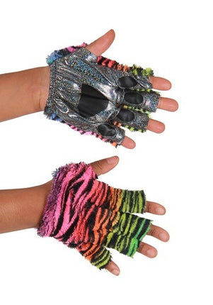 Neon Rainbow Tiger Fingerless Paw Gloves- worn by model up close