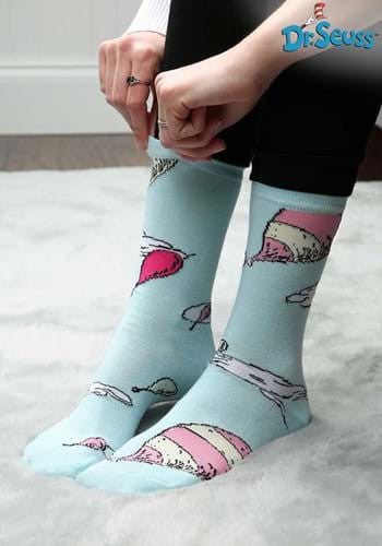 Dr. Seuss- Oh the Places You'll Go! Crew Socks- model putting them on