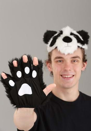 Panda Plush Headband & Paws- worn by adult mode, paws up close