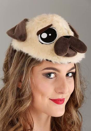 Pug Plush Headband & Tail- worn by female adult model up close