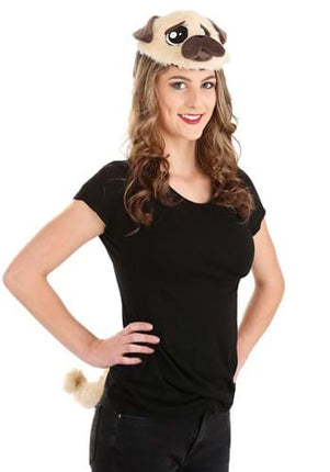 Pug Plush Headband & Tail- worn by adult female model