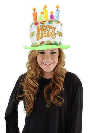 Rainbow Birthday Cake Plush Hat- worn by model up close