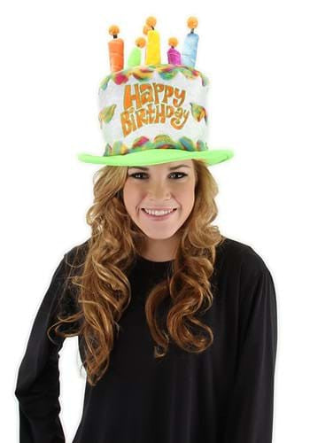 Rainbow Birthday Cake Plush Hat- worn by model up close