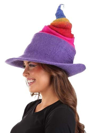 Rainbow Borealis Heartfelted Witch Hat- worn by model side view