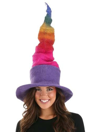 Rainbow Borealis Heartfelted Witch Hat- worn by model, hat stretched out