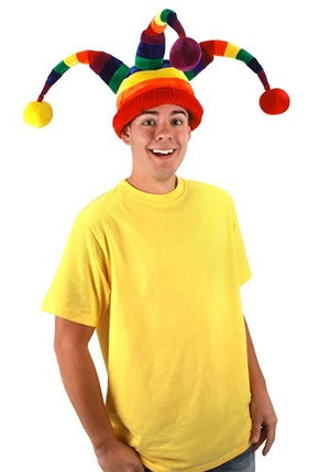 Rainbow Wacky Jester Plush Hat- worn by adult model