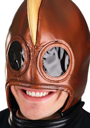 Plush Retro Robot Helmet- worn by adult model, close up