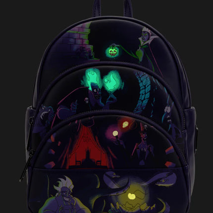 Disney Villains Triple Pocket Glow In The Dark Mini Backpack- glowing front view