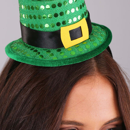 Sequin Mini Leprechaun Hat Headband- worn by model, close up