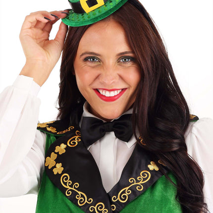 Sequin Mini Leprechaun Hat Headband- worn by model, front view